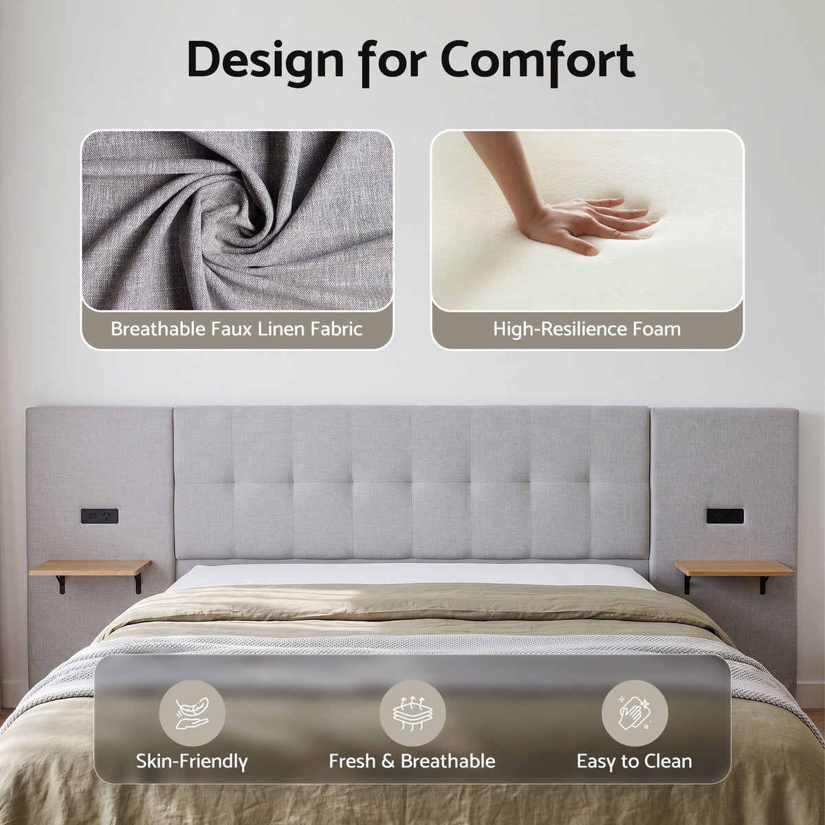 Artiss King Bed Frame with Wide Headboard, Floating Shelves and USB Grey