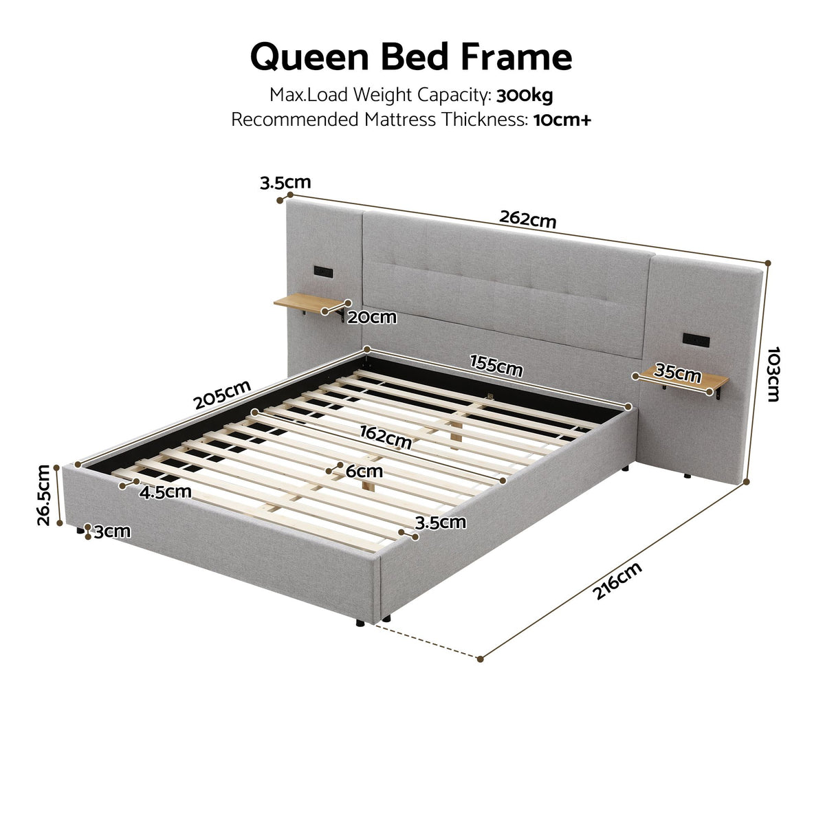 Artiss Queen Bed Frame with Wide Headboard, Floating Shelves and USB Grey