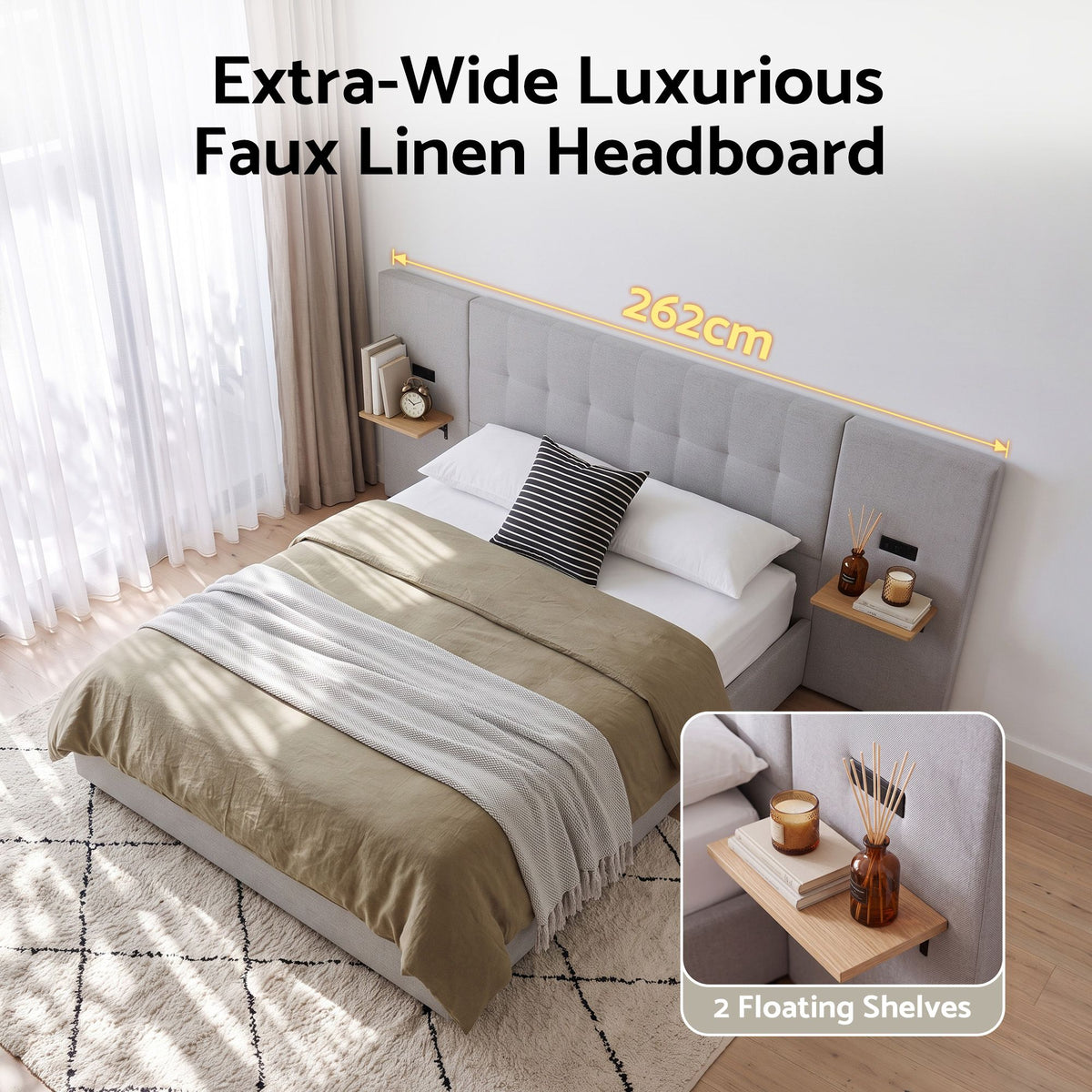 Artiss Queen Bed Frame with Wide Headboard, Floating Shelves and USB Grey