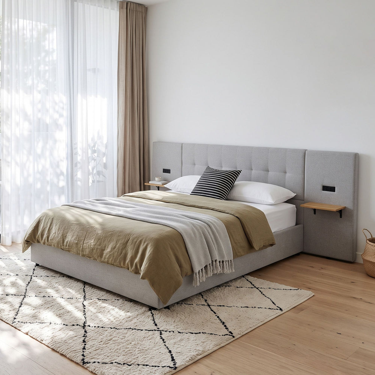 Artiss Queen Bed Frame with Wide Headboard, Floating Shelves and USB Grey
