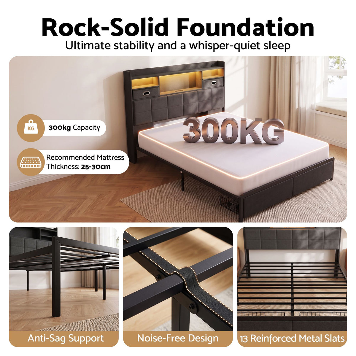 Artiss Queen Bed Frame with Storage Drawers & Headboard, 2 Drawer, USB, LED