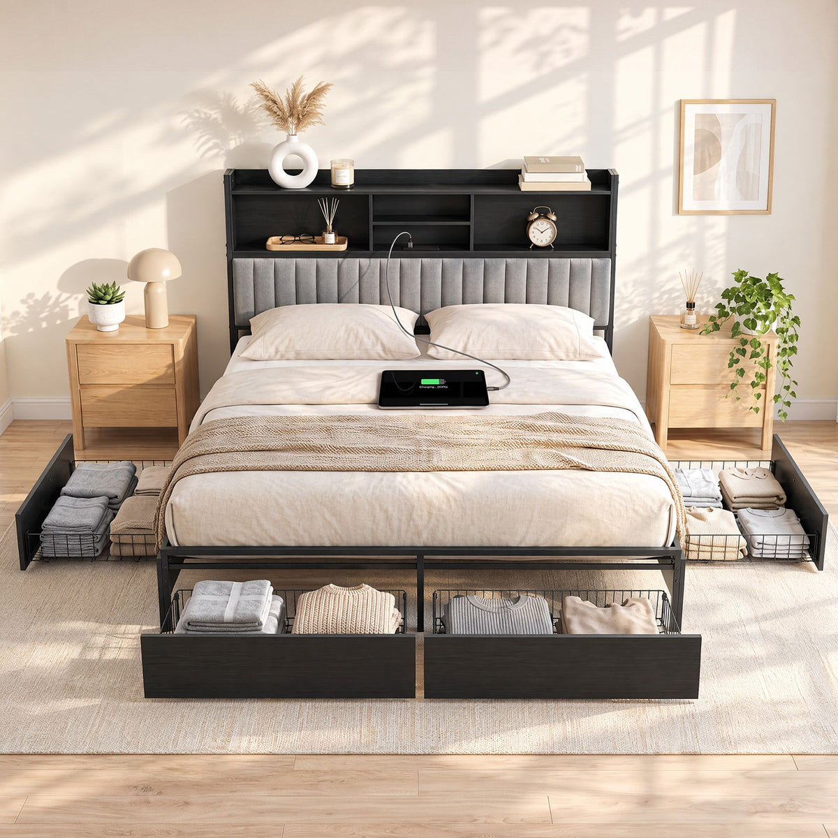 Artiss King Bed Frame with Storage, 4 Drawers and Charging Station