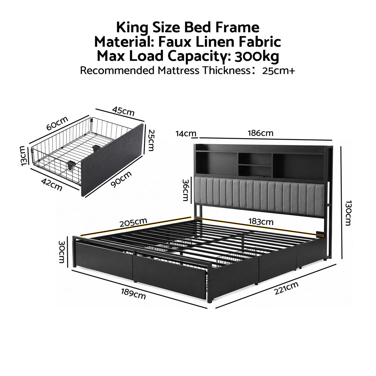 Artiss King Bed Frame with Storage, 4 Drawers and Charging Station