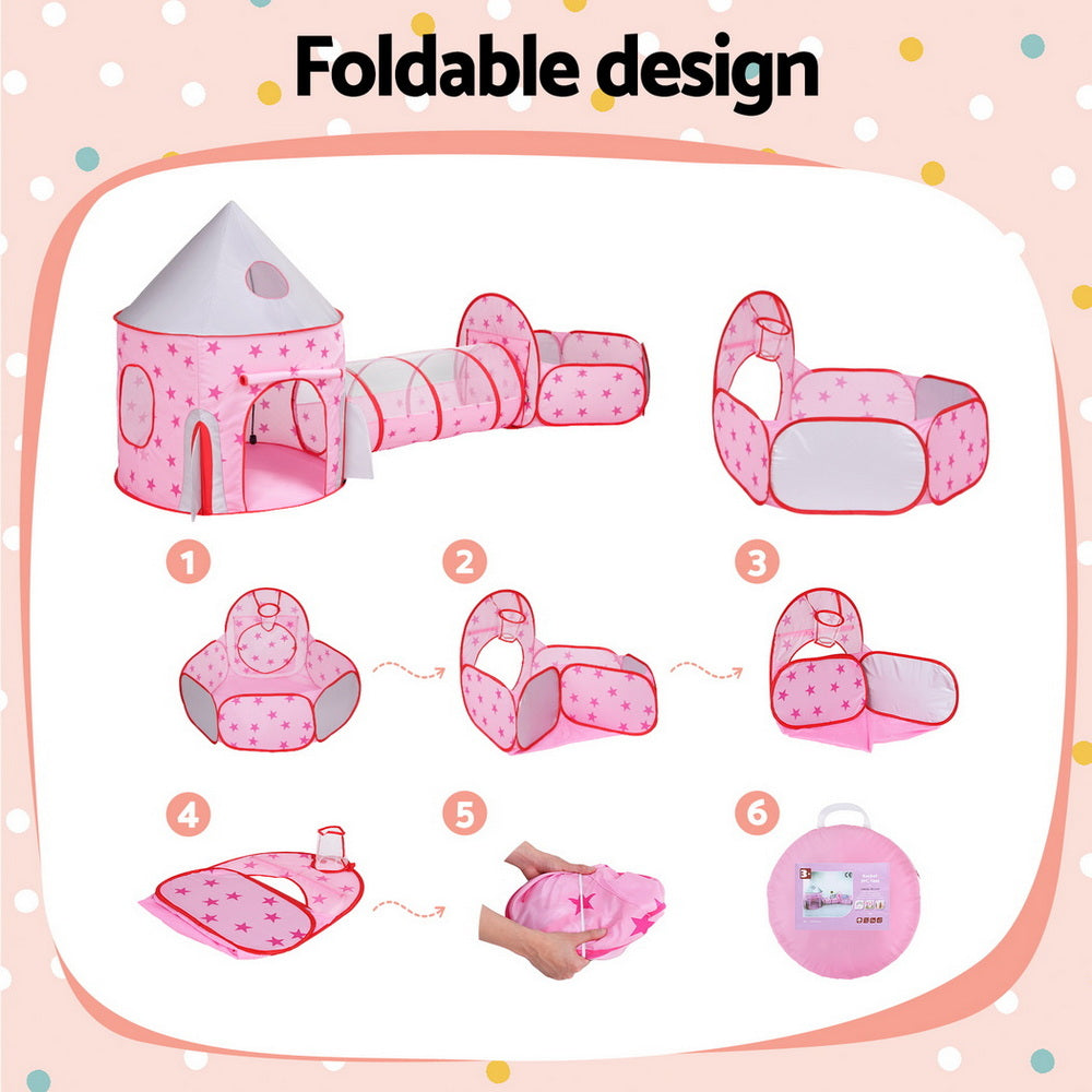 Keezi Kids Playhouse Play Tent Pop Up Castle Crawl Tunnel Basketball Hoop Pink