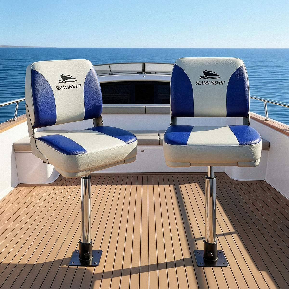 Seamanship 2X Folding Boat Seats with 2X Adjustable Pedestals 55–75cm Marine Swivel Low Back 13cm Padding White Blue