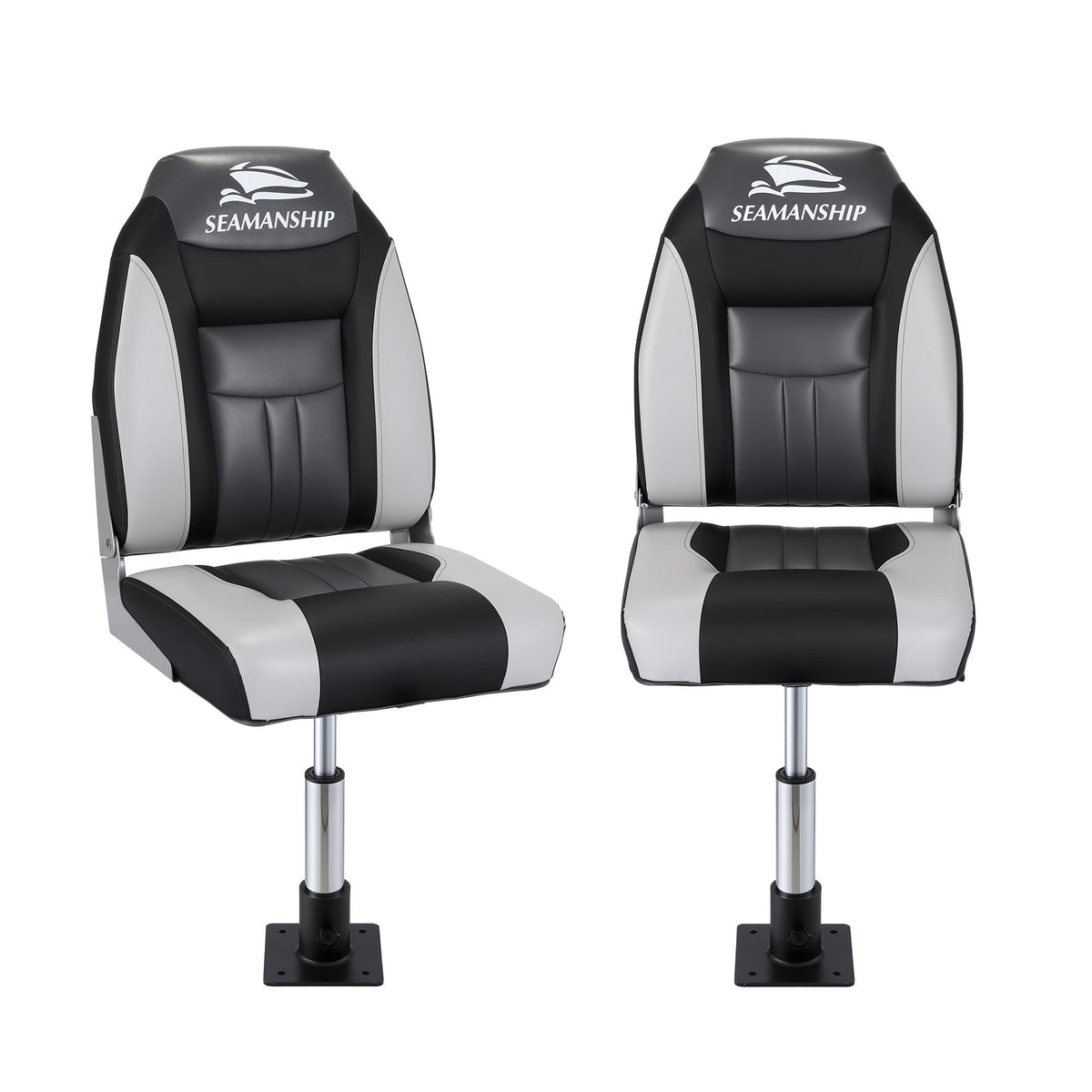 Seamanship 2X Folding Boat Seats with 2X Adjustable Pedestals 34–46cm Marine Seat Swivel High Back 12cm Padding Black