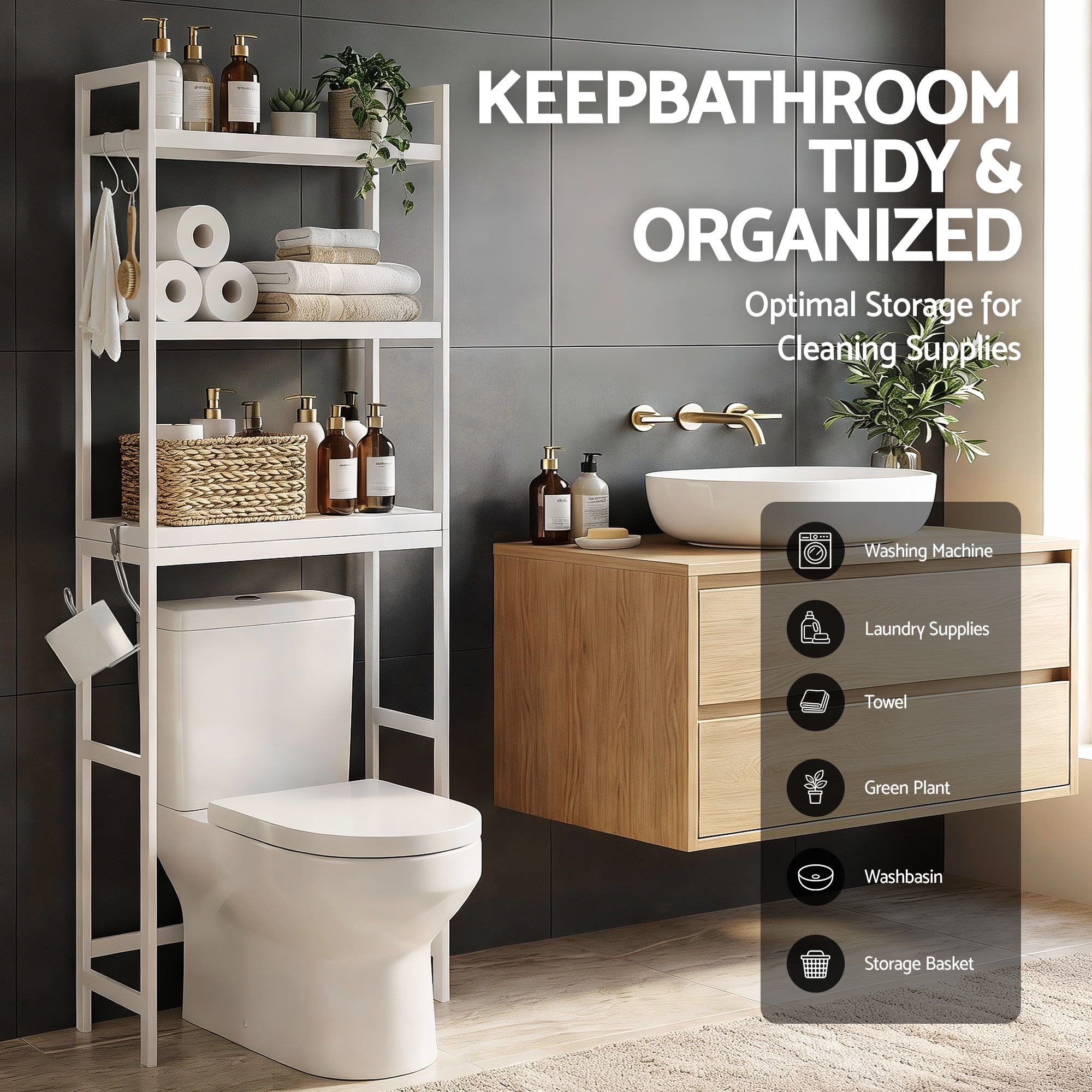 Artiss Over Toilet Storage Bathroom Rack Space Saving 3 Tier Organiser White