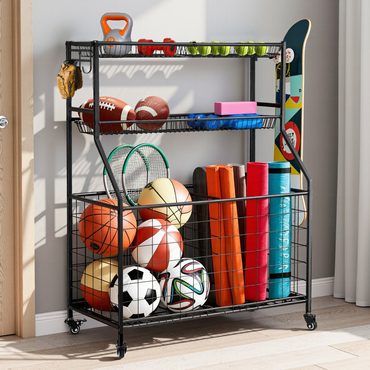 Everfit Sports Equipment Organizer Storage with Wheels Multi-Sport Garage Gym Black
