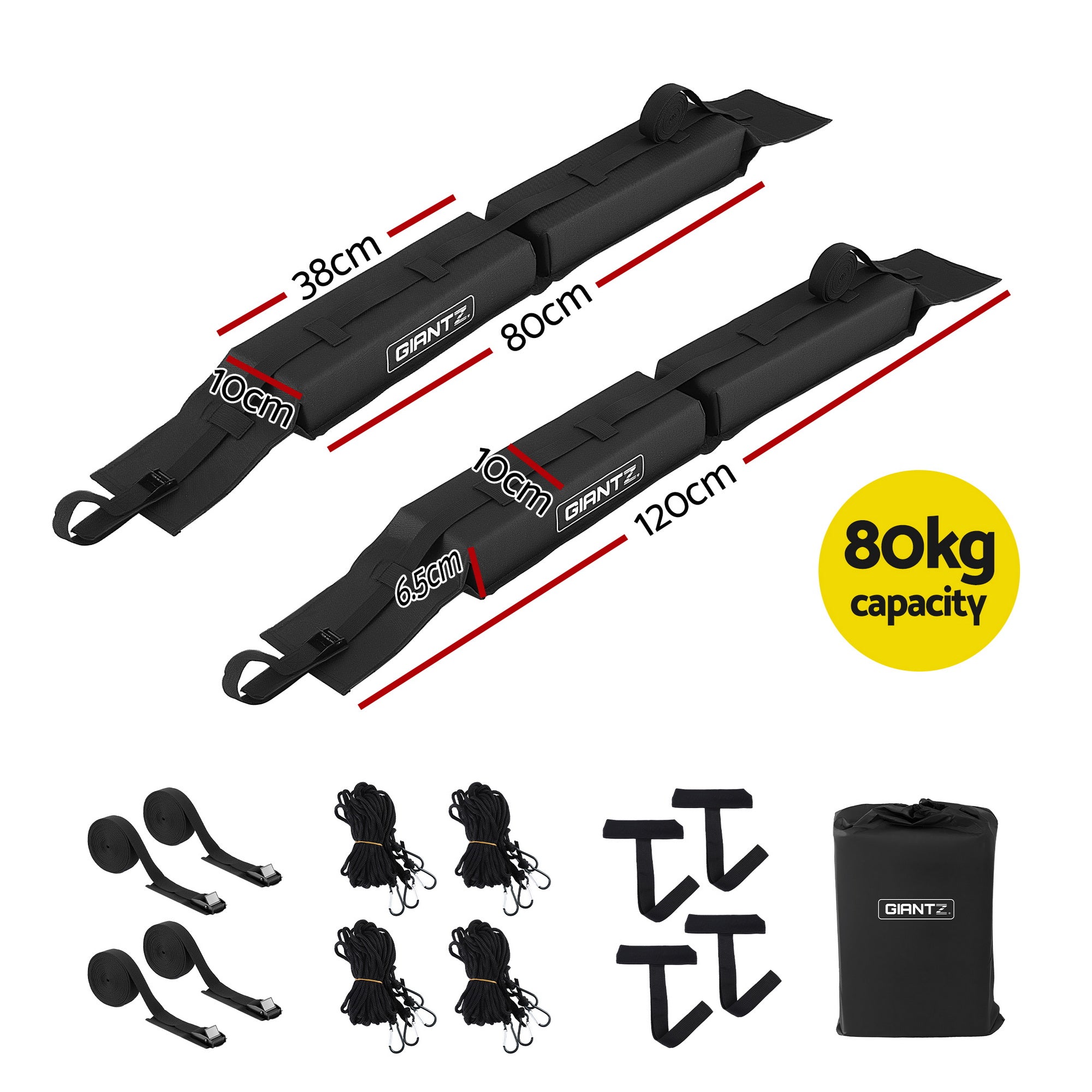 GIANTZ Kayak Roof Rack for Car, Universal Soft Roof Rack Pads for Surfboard SUP Canoe, Roof Bars for SUV Sedan without Side Rails, Portable Cross Bars with 4.5m Tie Down Straps & Ropes, 80kg Capacity