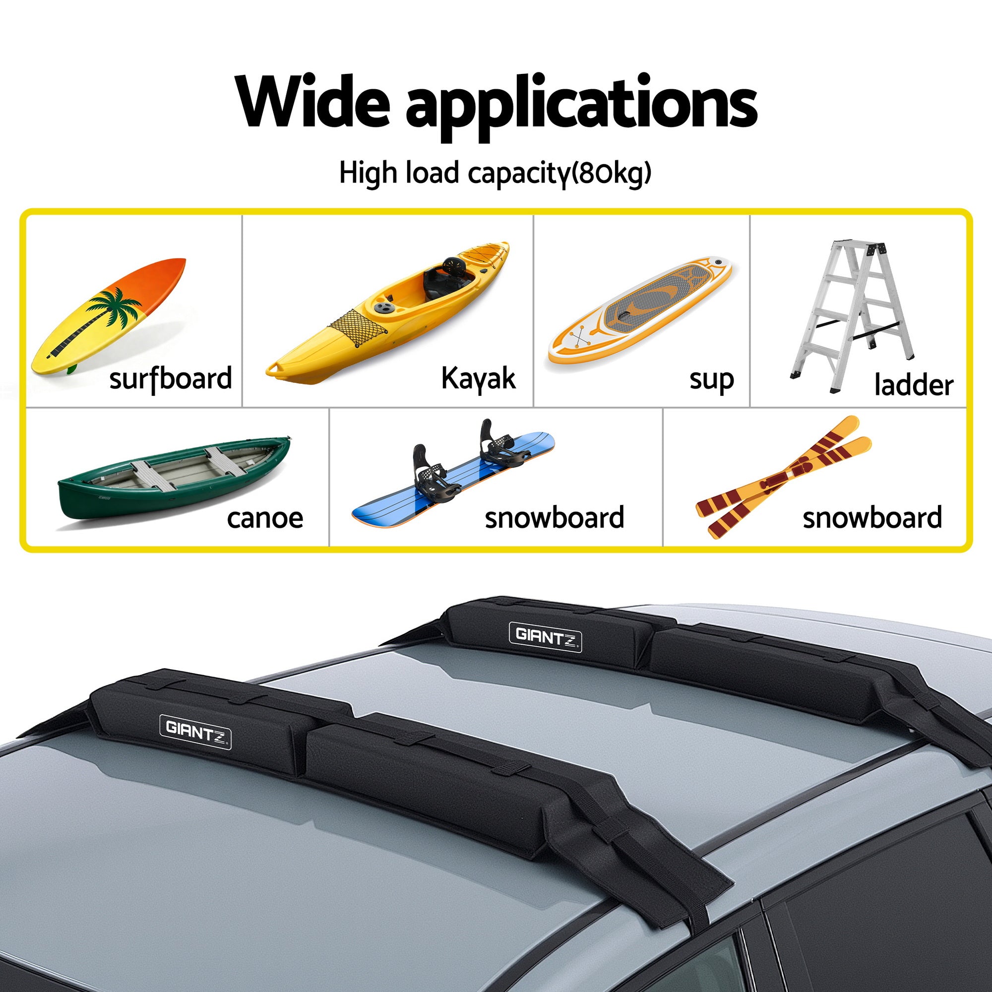 GIANTZ Kayak Roof Rack for Car, Universal Soft Roof Rack Pads for Surfboard SUP Canoe, Roof Bars for SUV Sedan without Side Rails, Portable Cross Bars with 4.5m Tie Down Straps & Ropes, 80kg Capacity