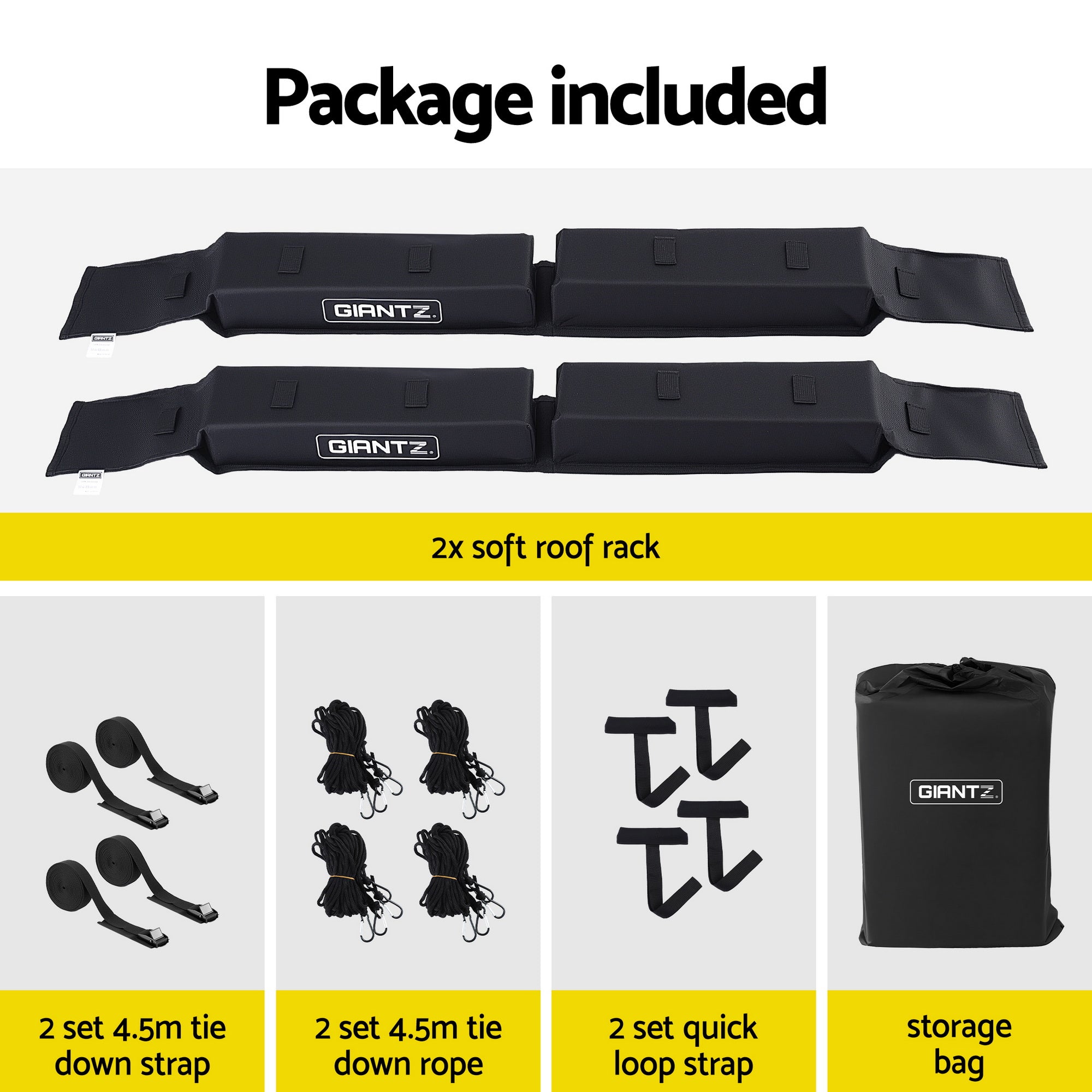 GIANTZ Kayak Roof Rack for Car, Universal Soft Roof Rack Pads for Surfboard SUP Canoe, Roof Bars for SUV Sedan without Side Rails, Portable Cross Bars with 4.5m Tie Down Straps & Ropes, 80kg Capacity