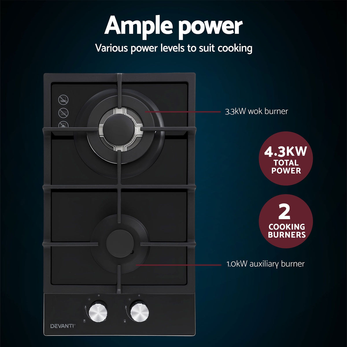 Devanti Gas Cooktop 30cm 2 Burner Built-in Stove Glass Cook Top NG LPG Wok Burner