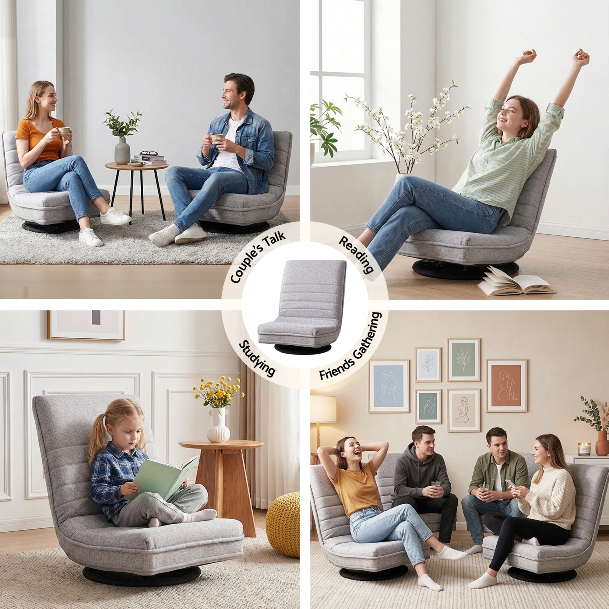 Artiss 4PCS Swivel Floor Chair 360 Adjustable Foldable Lounge Seat Floor Sofa Chair Grey