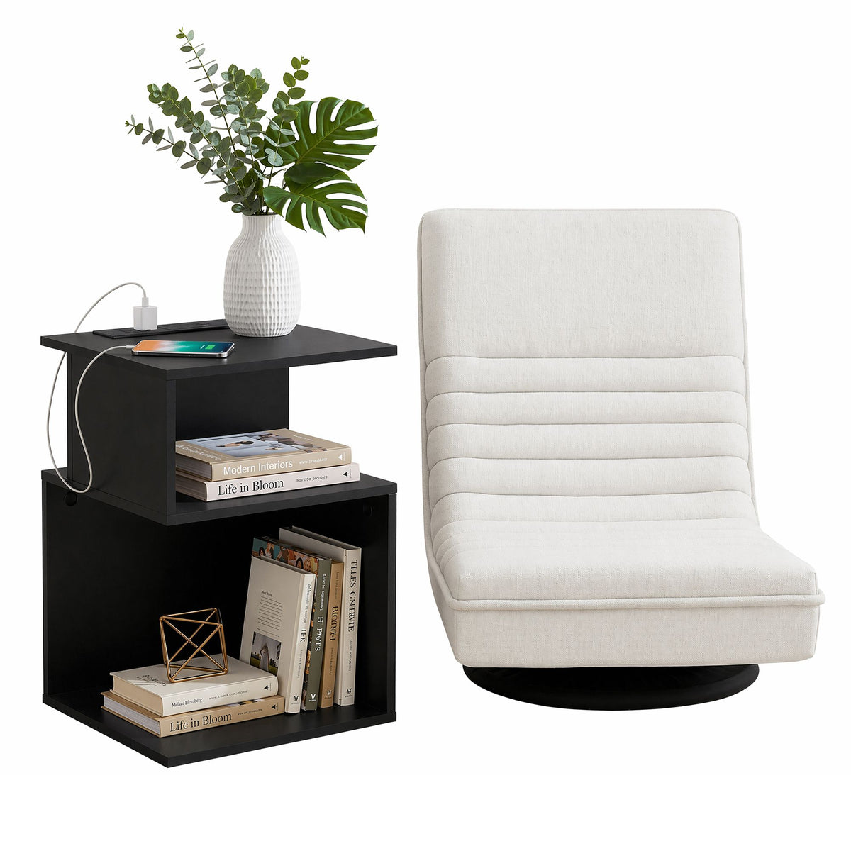 Artiss Swivel Floor Chair and Bedside Table with Charging Station Set
