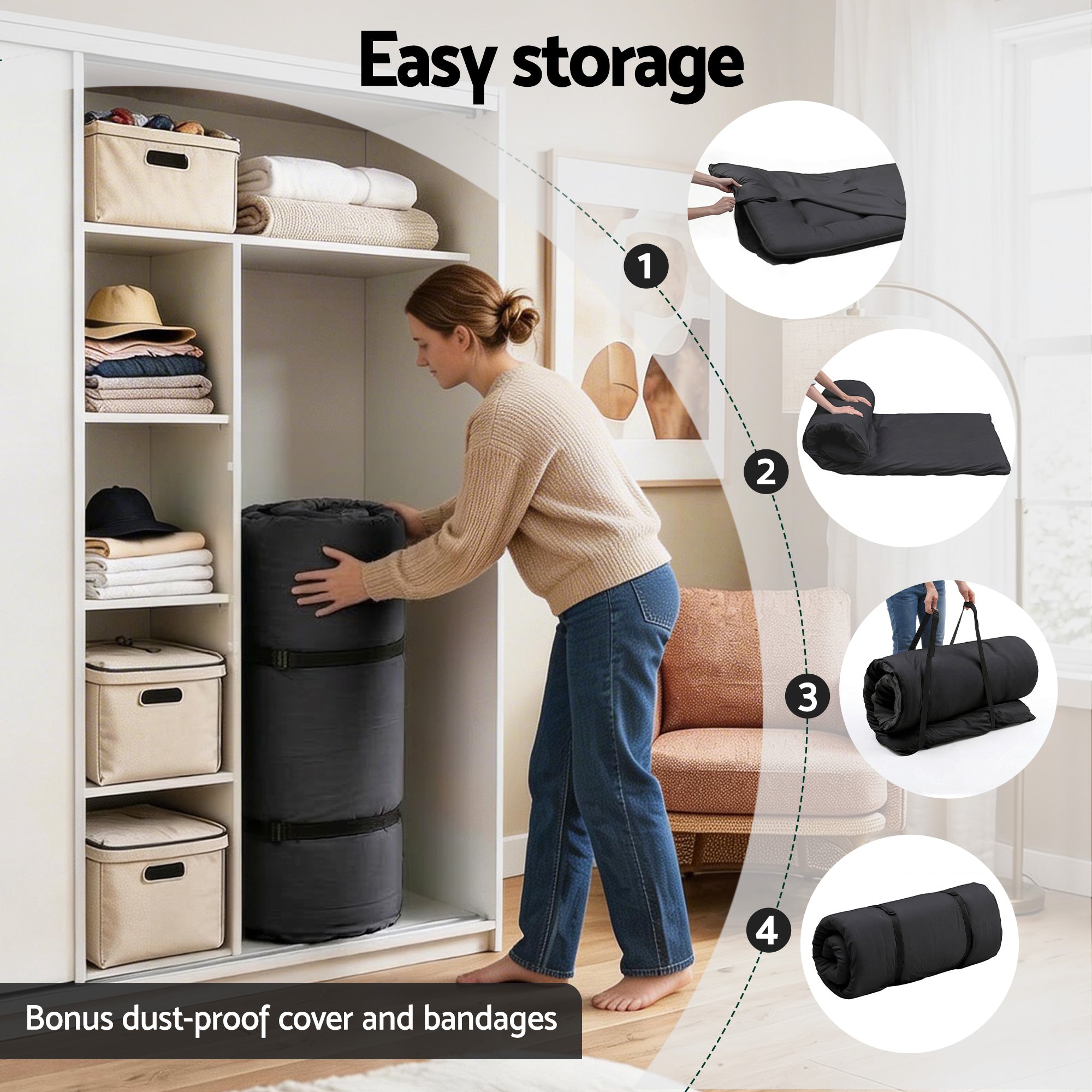 Giselle Bedding 10cm Japanese Floor Mattress Foldable Futon Mattress Washable Cover Straps