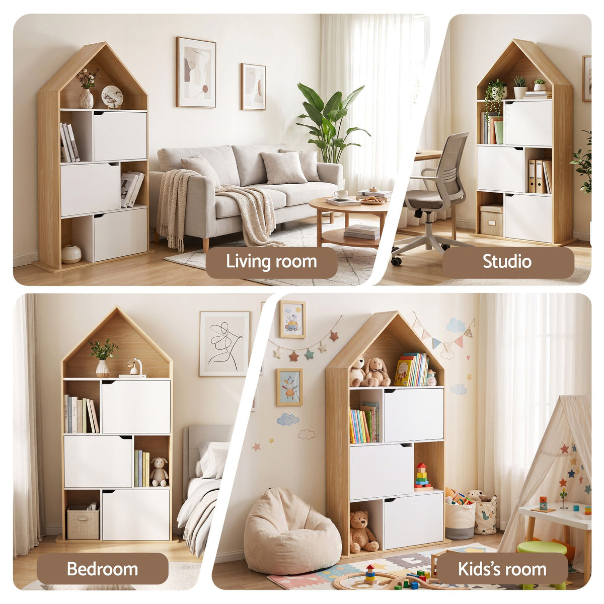 Artiss House Bookshelf 4 Tier Kids Storage Cabinet Shelf Unit White Pine