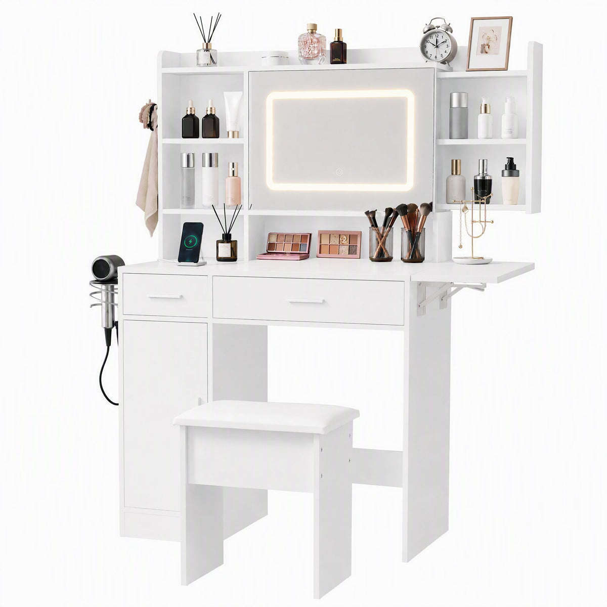 Artiss Dressing Table Vanity Desk Set Stool LED Charging Station White