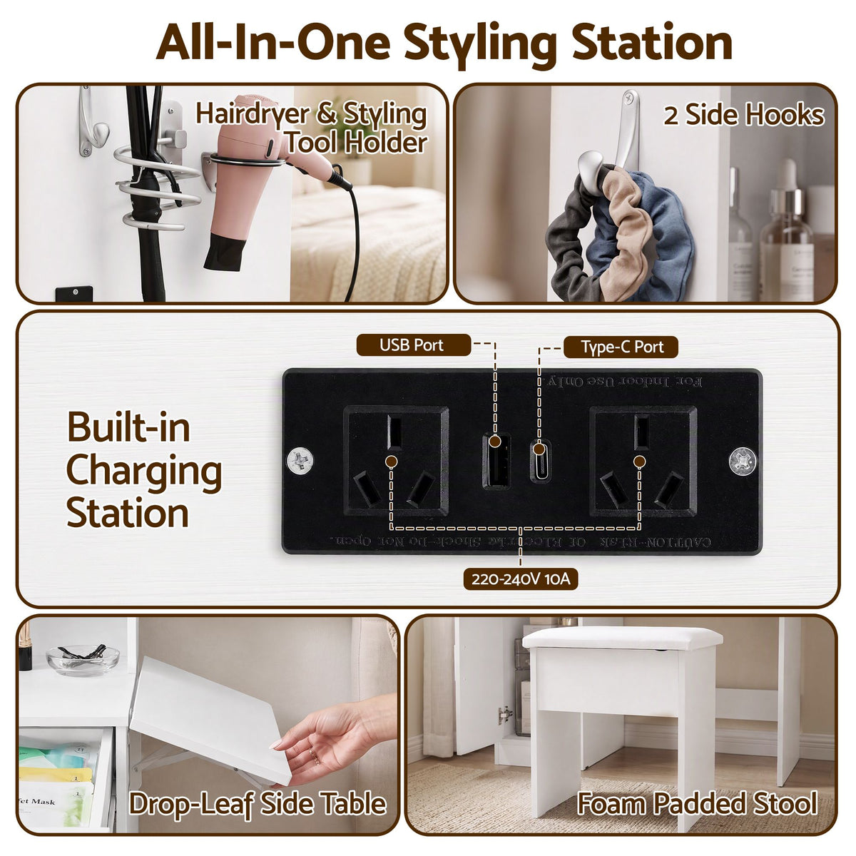 Artiss Dressing Table Vanity Desk Set Stool LED Charging Station White