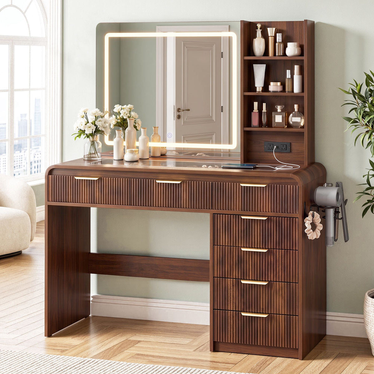 Artiss Dressing Table Vanity Desk LED Lighted Mirror Glass Top 7 Fluted Drawers 120CM Walnut