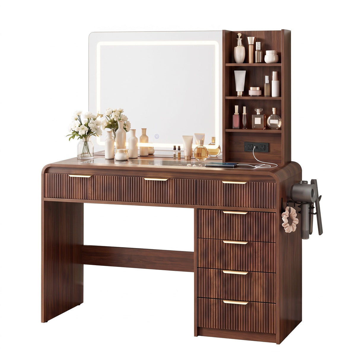 Artiss Dressing Table Vanity Desk LED Lighted Mirror Glass Top 7 Fluted Drawers 120CM Walnut