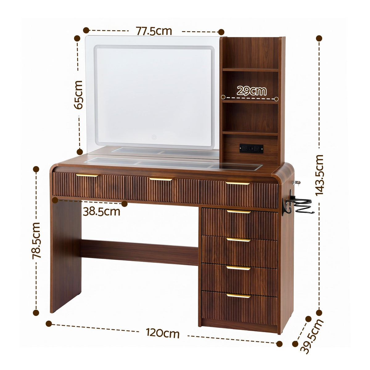 Artiss Dressing Table Vanity Desk LED Lighted Mirror Glass Top 7 Fluted Drawers 120CM Walnut