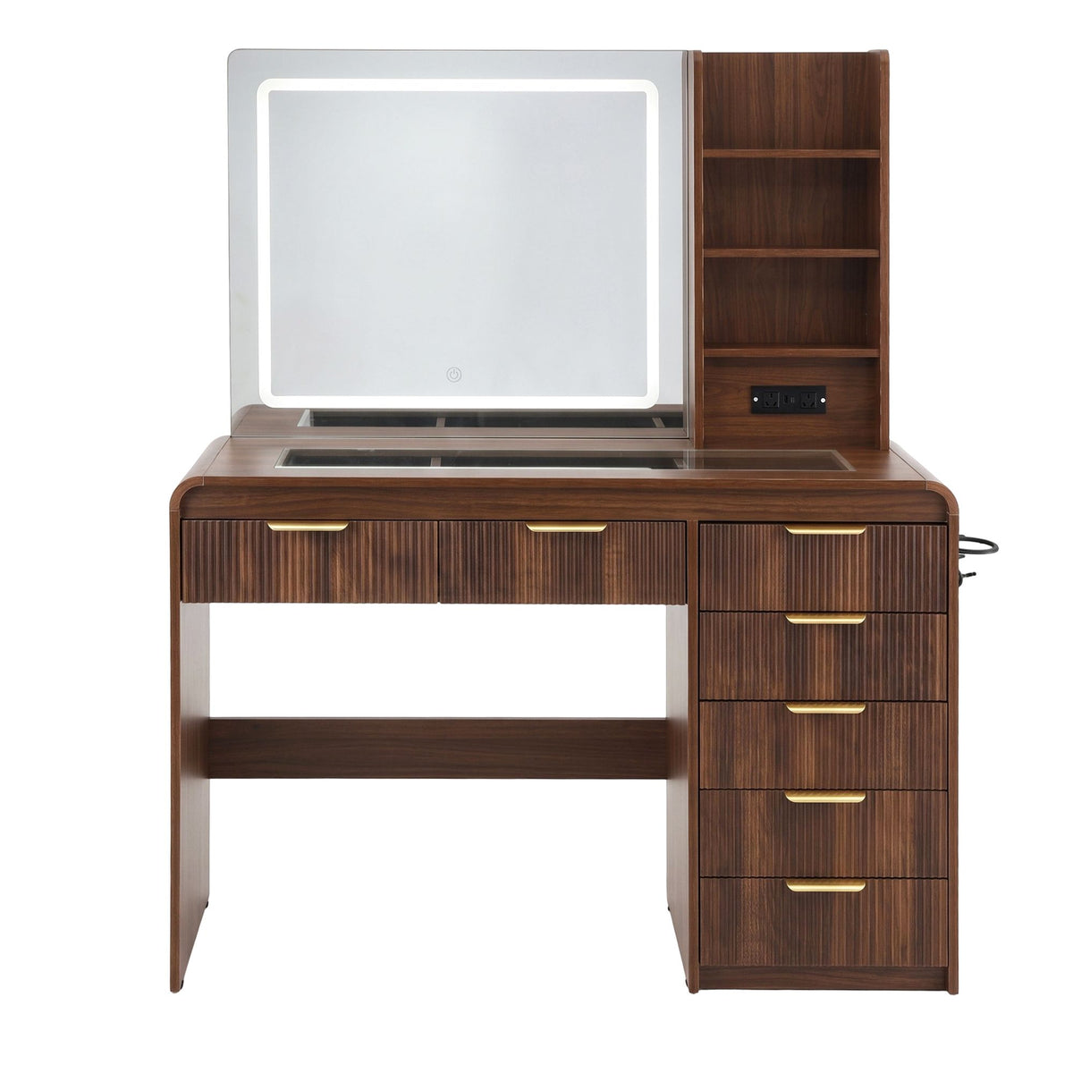Artiss Dressing Table Vanity Desk LED Lighted Mirror Glass Top 7 Fluted Drawers 120CM Walnut