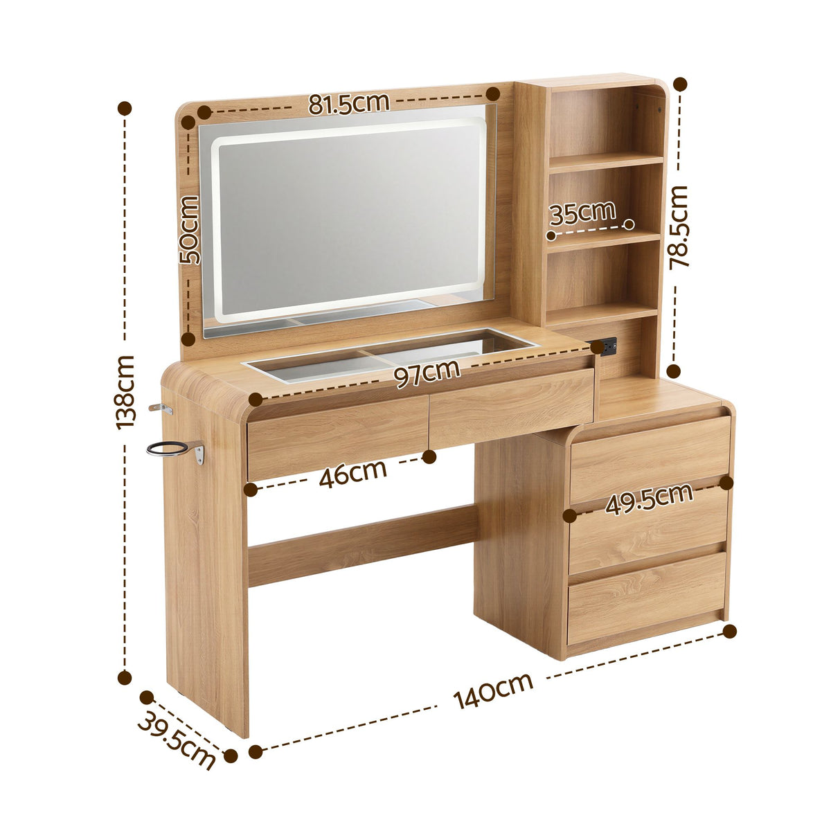 Artiss Dressing Table Makeup Vanity Desk LED Mirror Drawers Charging Station Curved Edge Wood