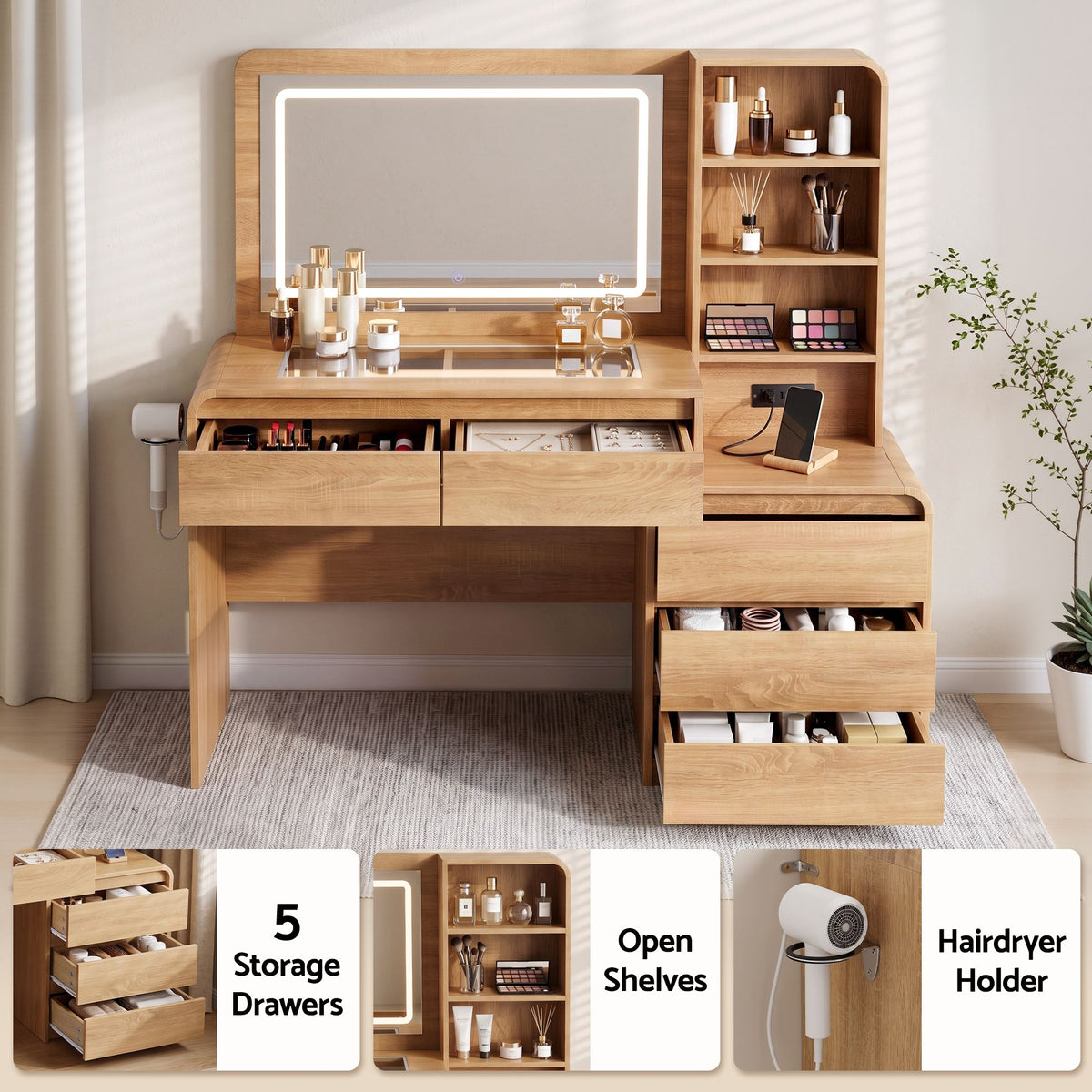Artiss Dressing Table Makeup Vanity Desk LED Mirror Drawers Charging Station Curved Edge Wood