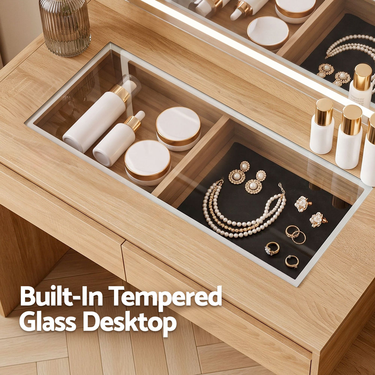 Artiss Dressing Table Makeup Vanity Desk LED Mirror Drawers Charging Station Curved Edge Wood