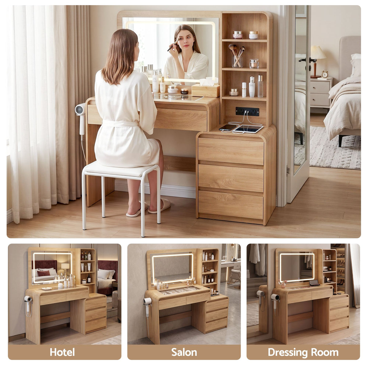 Artiss Dressing Table Makeup Vanity Desk LED Mirror Drawers Charging Station Curved Edge Wood