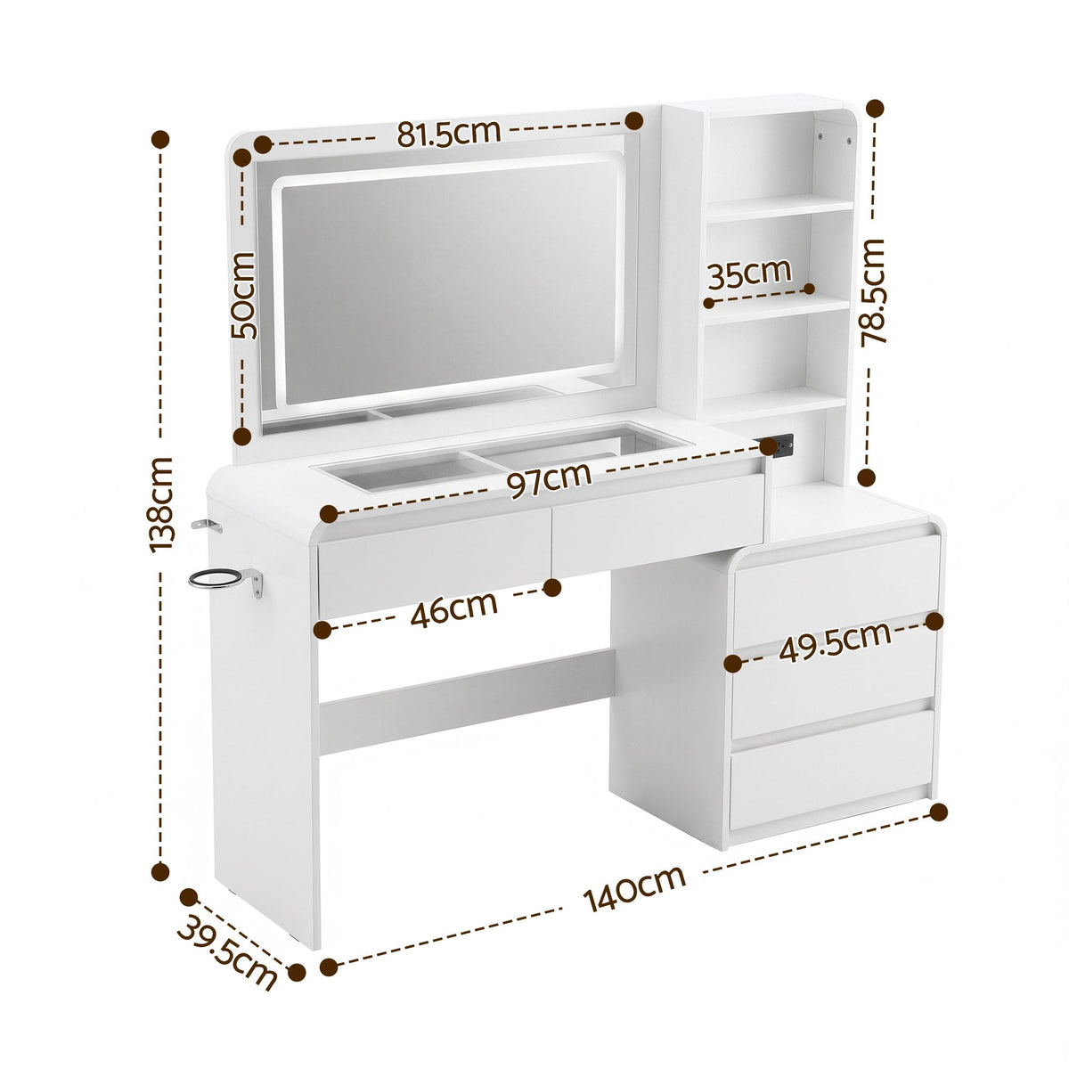 Artiss Dressing Table Makeup Vanity Desk LED Mirror Drawers Charging Station Curved Edge White