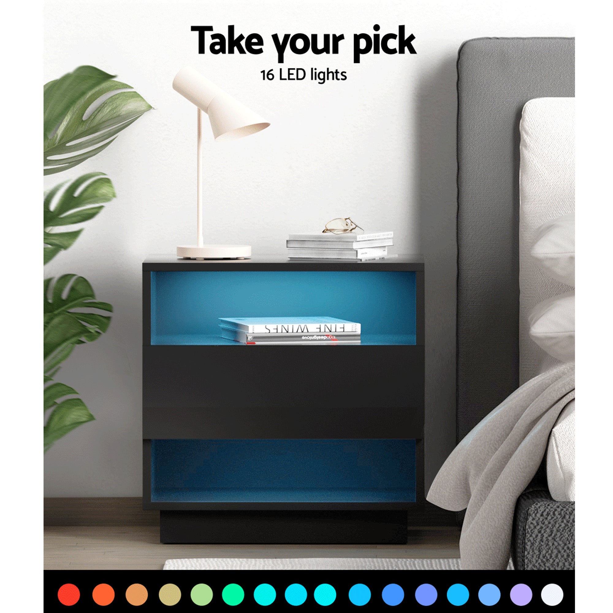 Artiss 2x Bedside Table LED with 2 Shelves - HANA Black