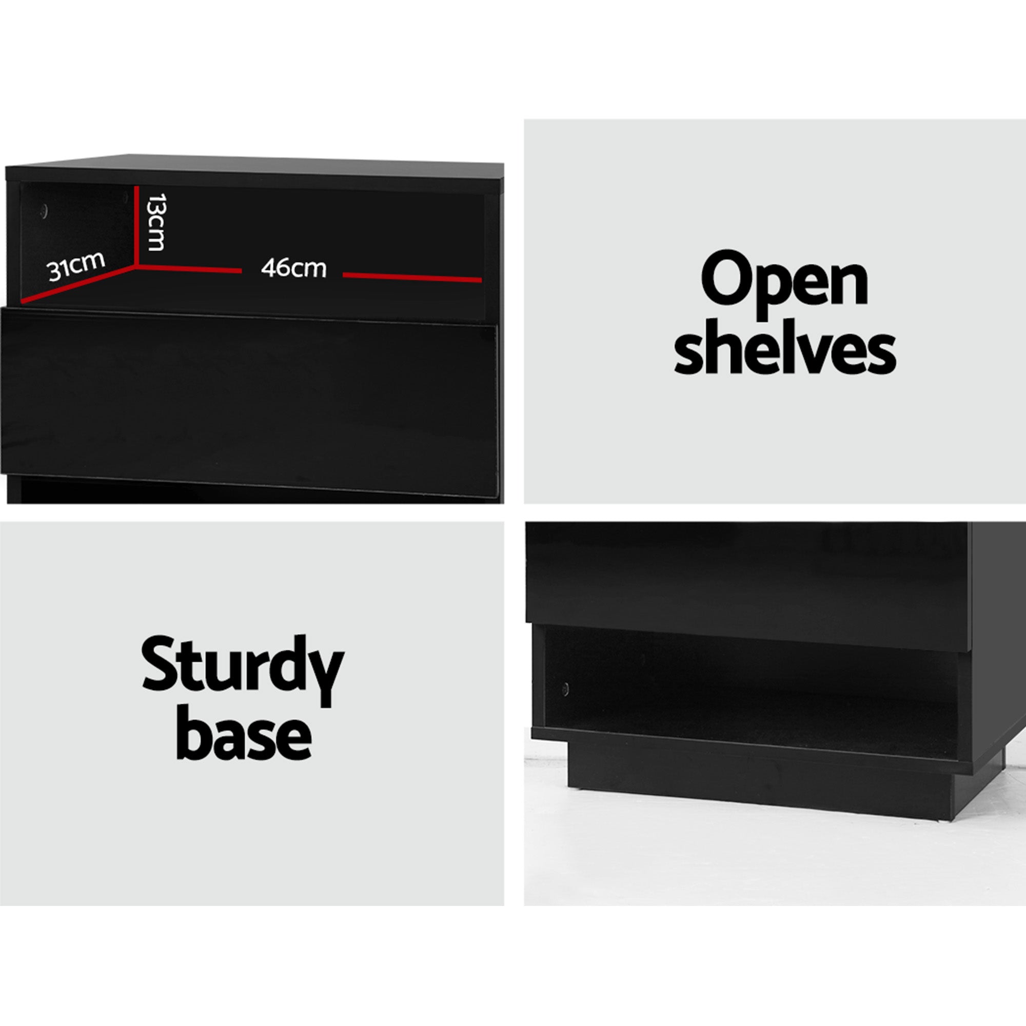 Artiss 2x Bedside Table LED with 2 Shelves - HANA Black