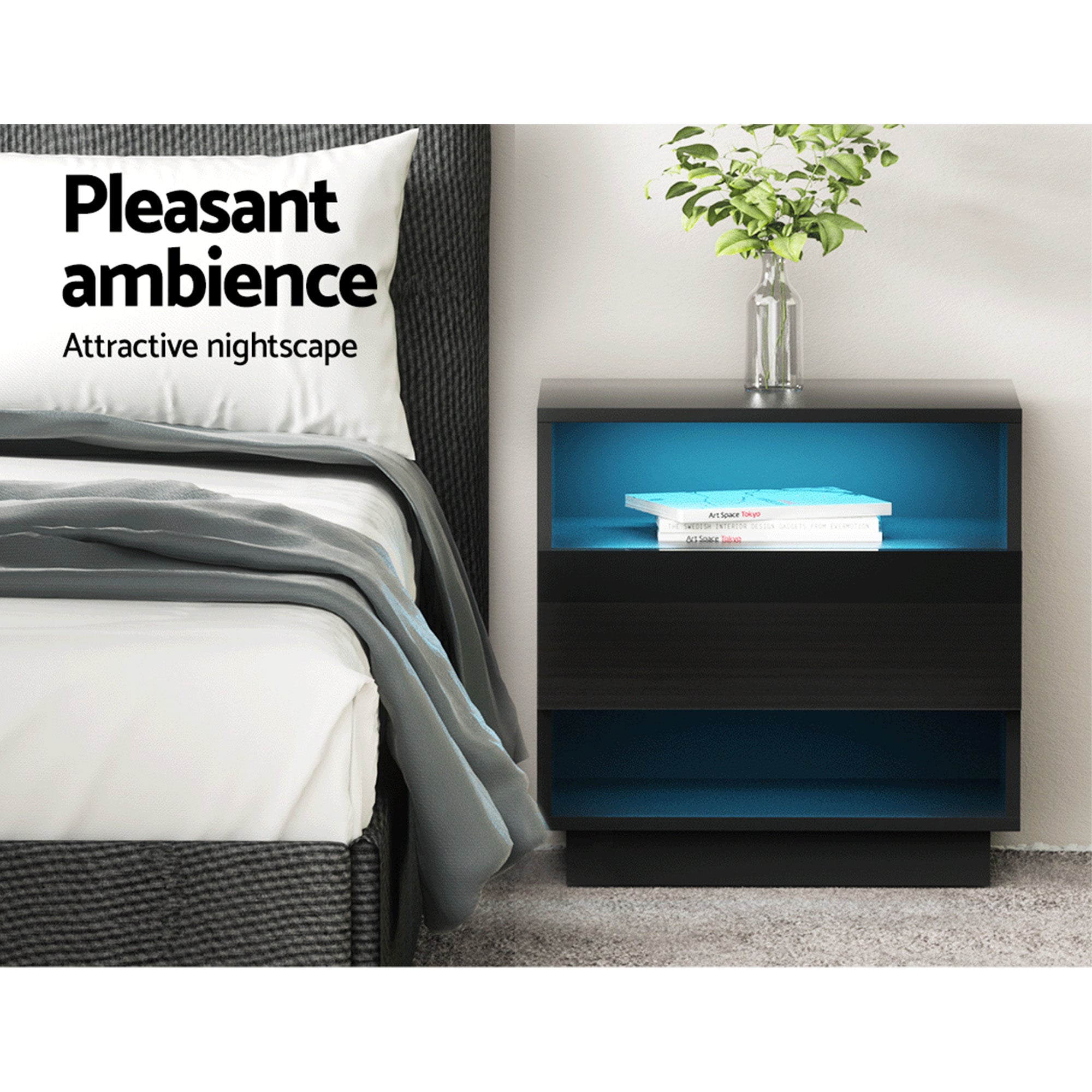 Artiss 2x Bedside Table LED with 2 Shelves - HANA Black