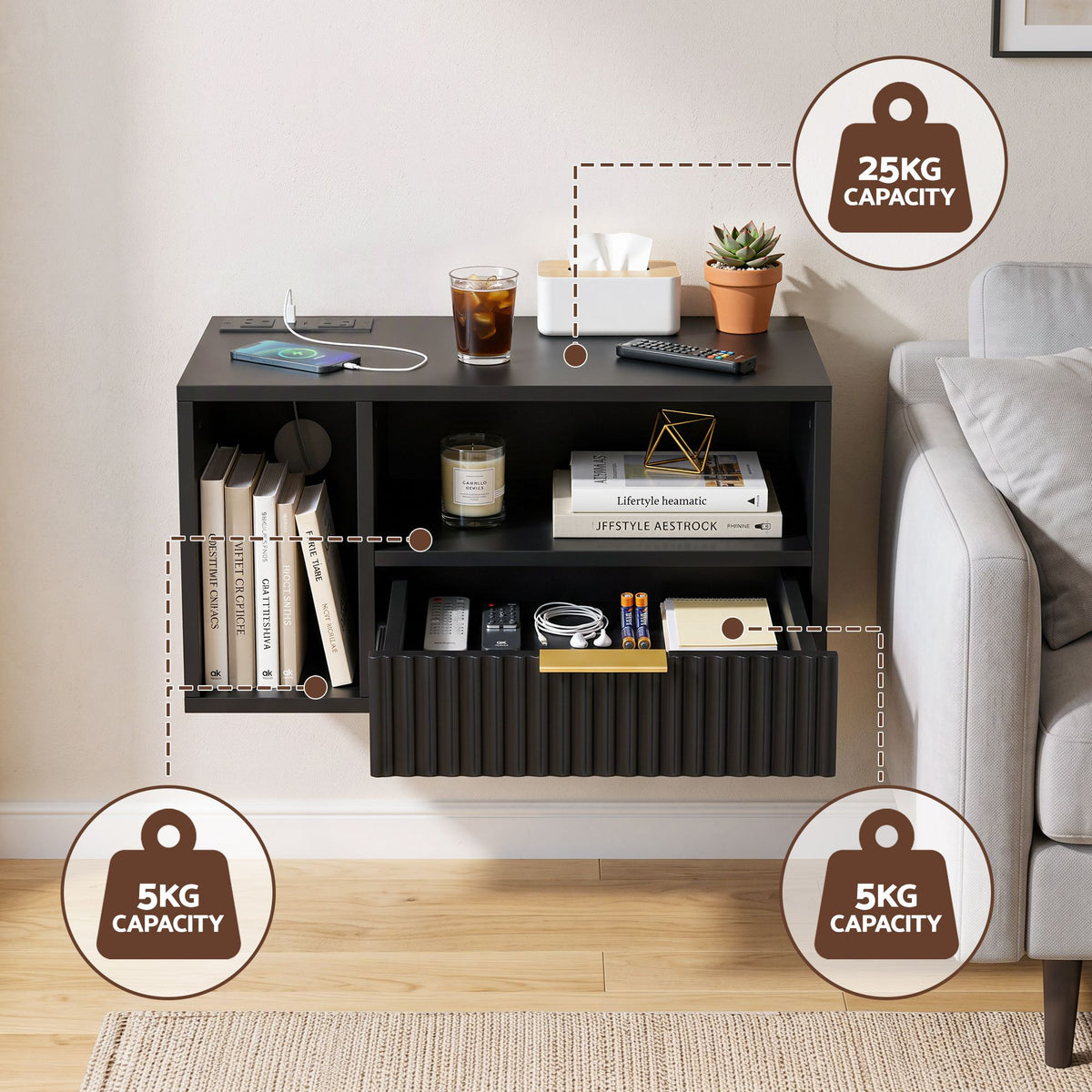Artiss Floating Bedside Table with Charging Station Black Nightstand 1 Drawer