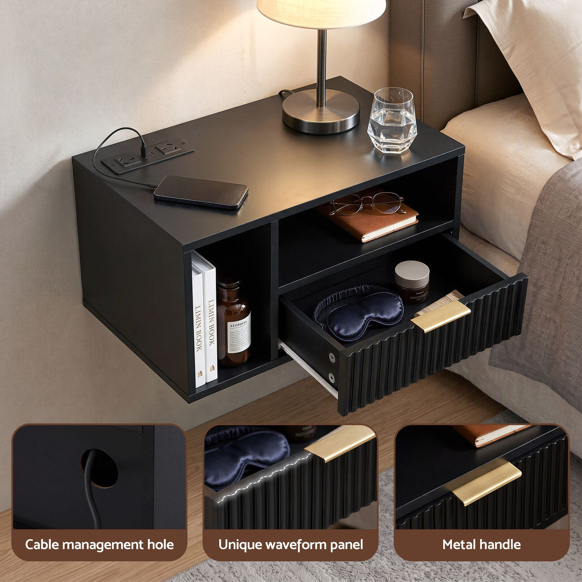 Artiss Floating Bedside Table with Charging Station Black Nightstand 1 Drawer