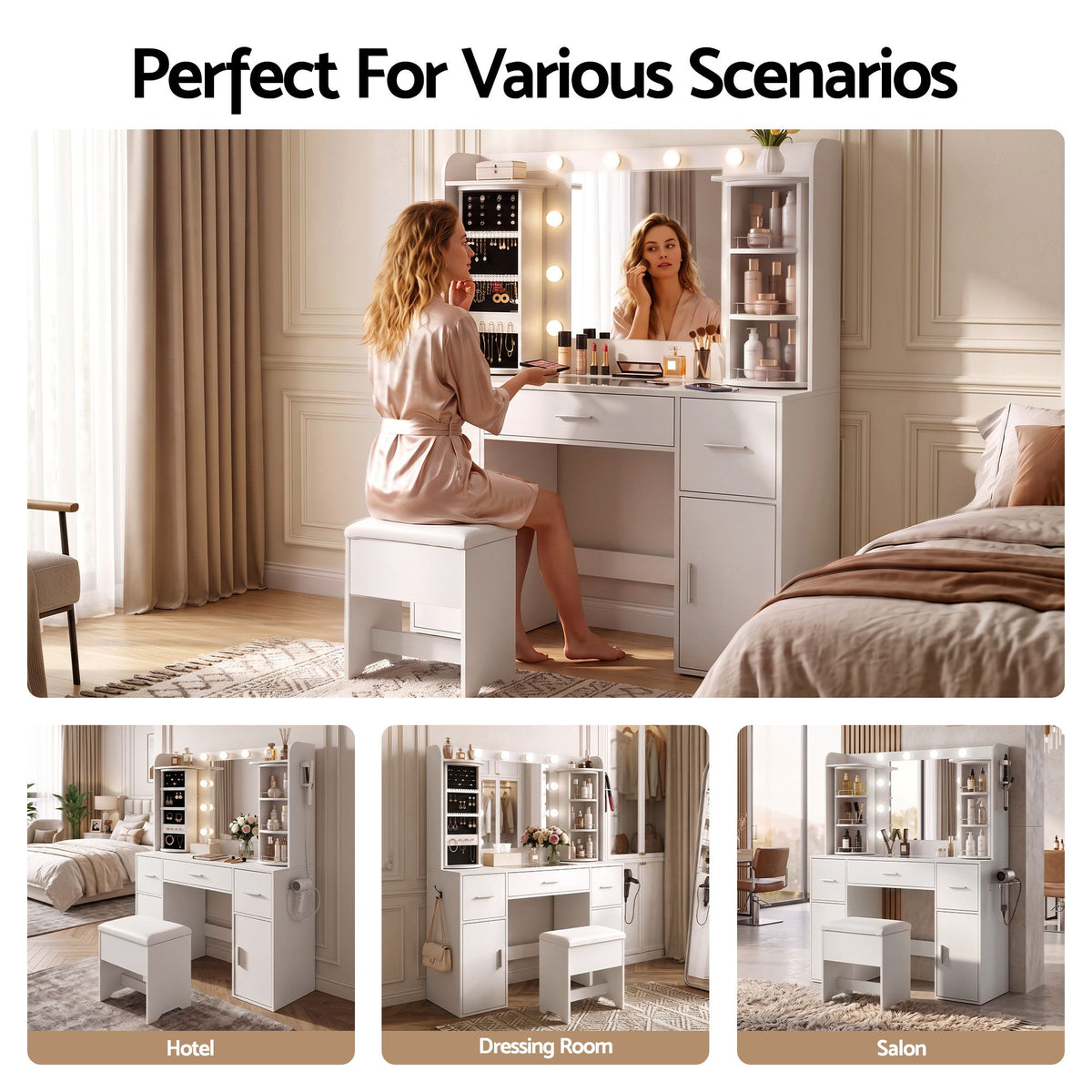 Artiss Dressing Table Vanity Desk LED Mirror Stool Set Charging Station Glass Top Rotating Shelf White
