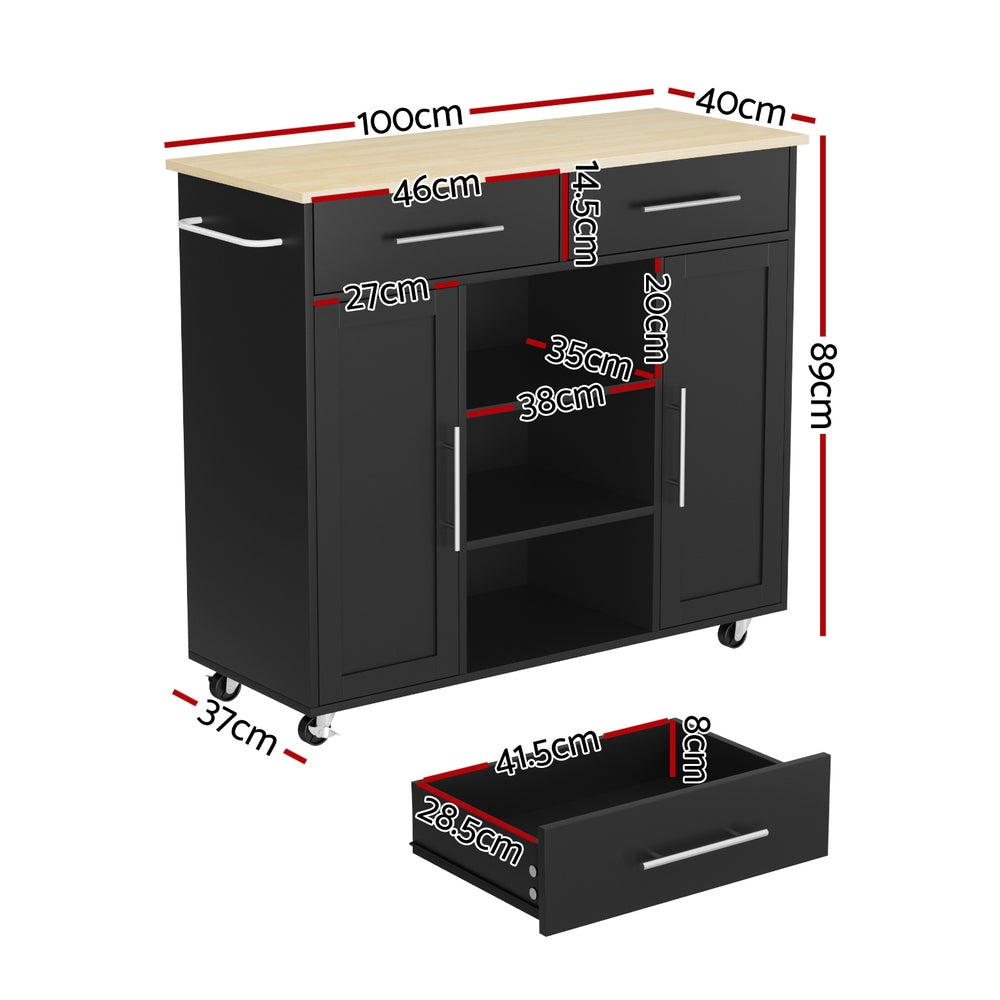 Artiss Kitchen Island Trolley Rolling Serving Cart Storage Drawer Cabinet 100cm Black