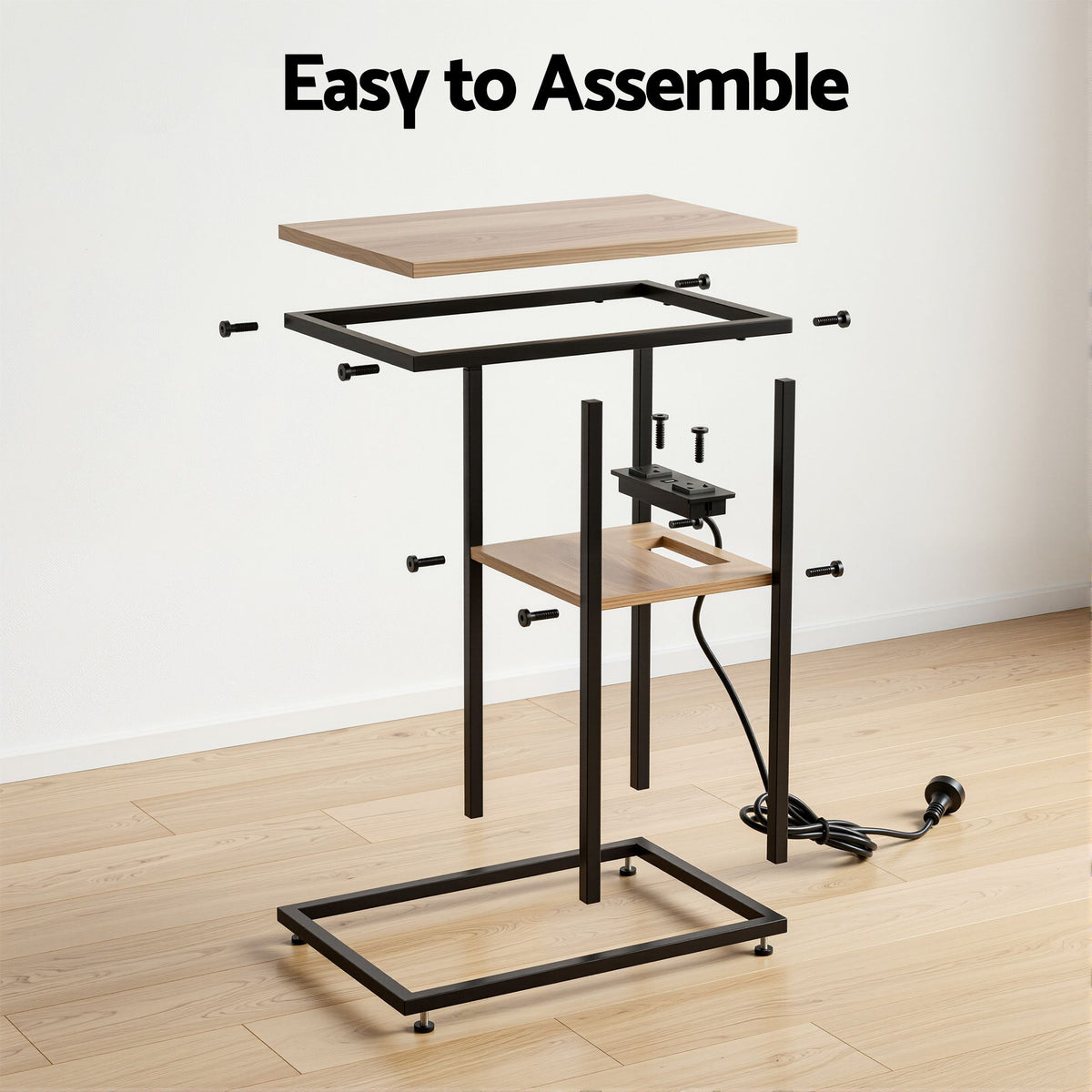 Artiss C-Shaped End Table Set Of 2 Charging Station 2-Tier Side Coffee Table Bedside Wood