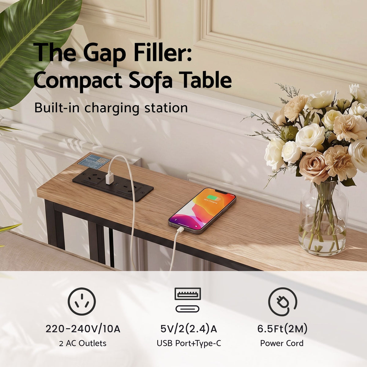 Artiss Set of 2 Narrow Sofa Console Tables with Charging Station, Wood