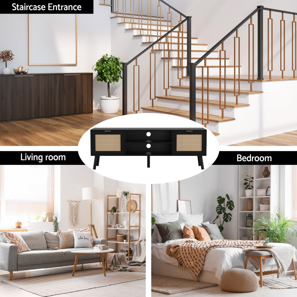Collage of a staircase entrance, living room, and bedroom with furniture and decor.