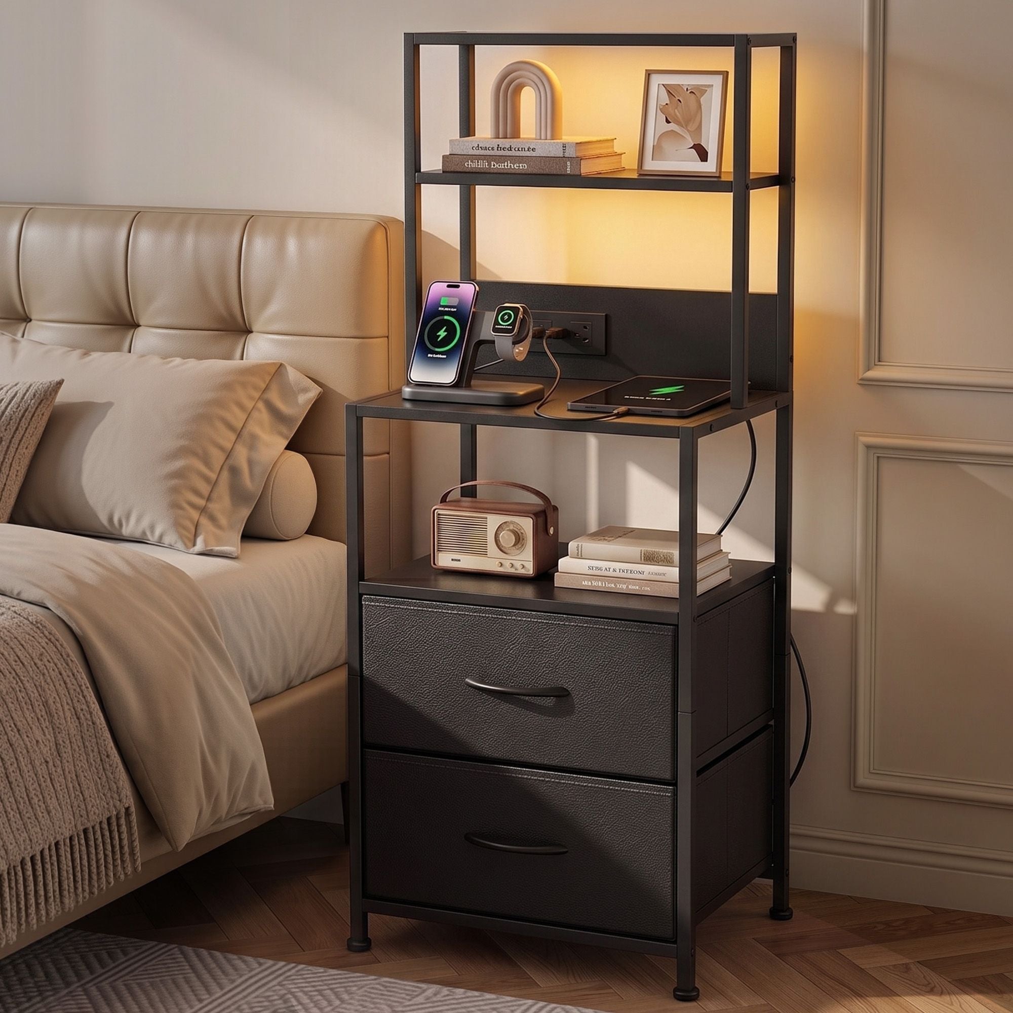 Artiss Bedside Table Tall Nightstand with Charging Station Drawers LED Black