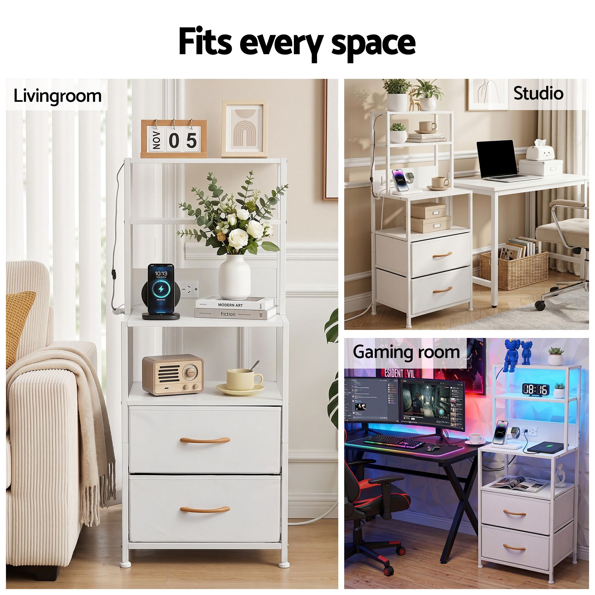 Artiss Bedside Table Tall Nightstand with Charging Station Drawers LED White