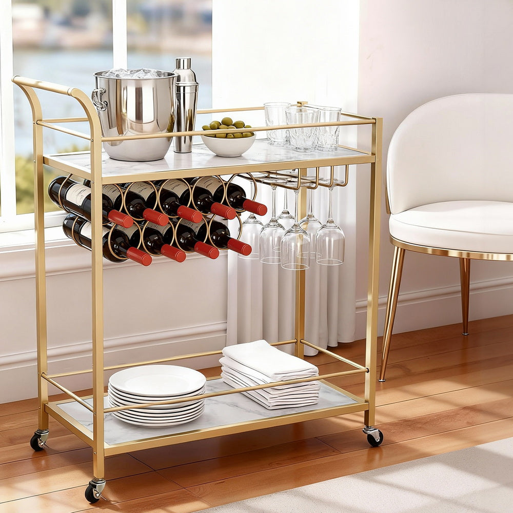 Artiss Bar Cart Drinks Trolley Serving Wine Rack Glass Holder Marble 85cm Gold