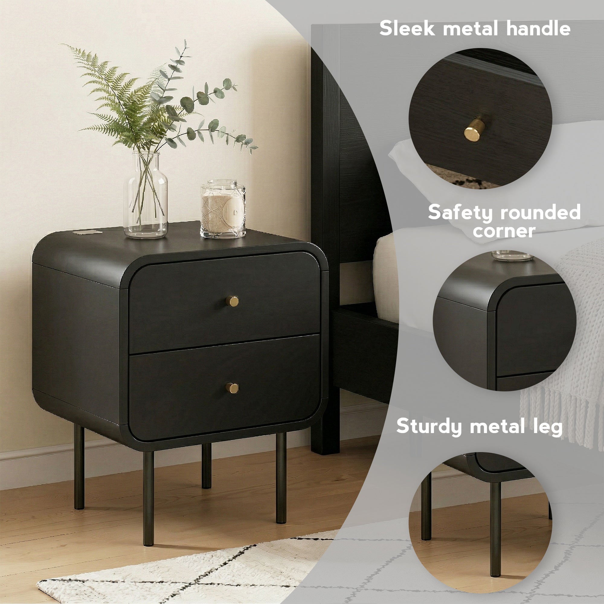Artiss Bedside Table 2 Drawers Side End Table Nightstand Black