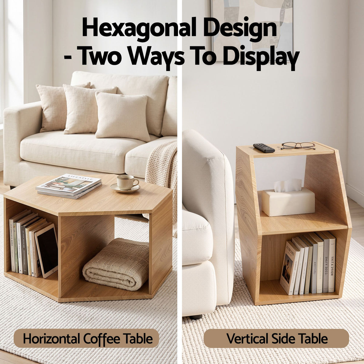 Artiss Set of 2 Coffee Table Hexagonal Center Table with Open Storage 2-Way Display Side Table Wood
