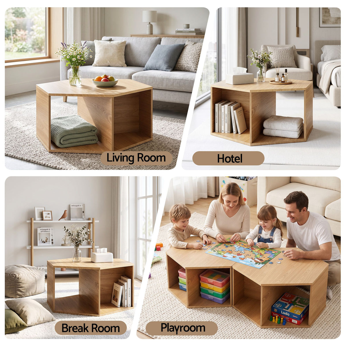 Artiss Set of 2 Coffee Table Hexagonal Center Table with Open Storage 2-Way Display Side Table Wood