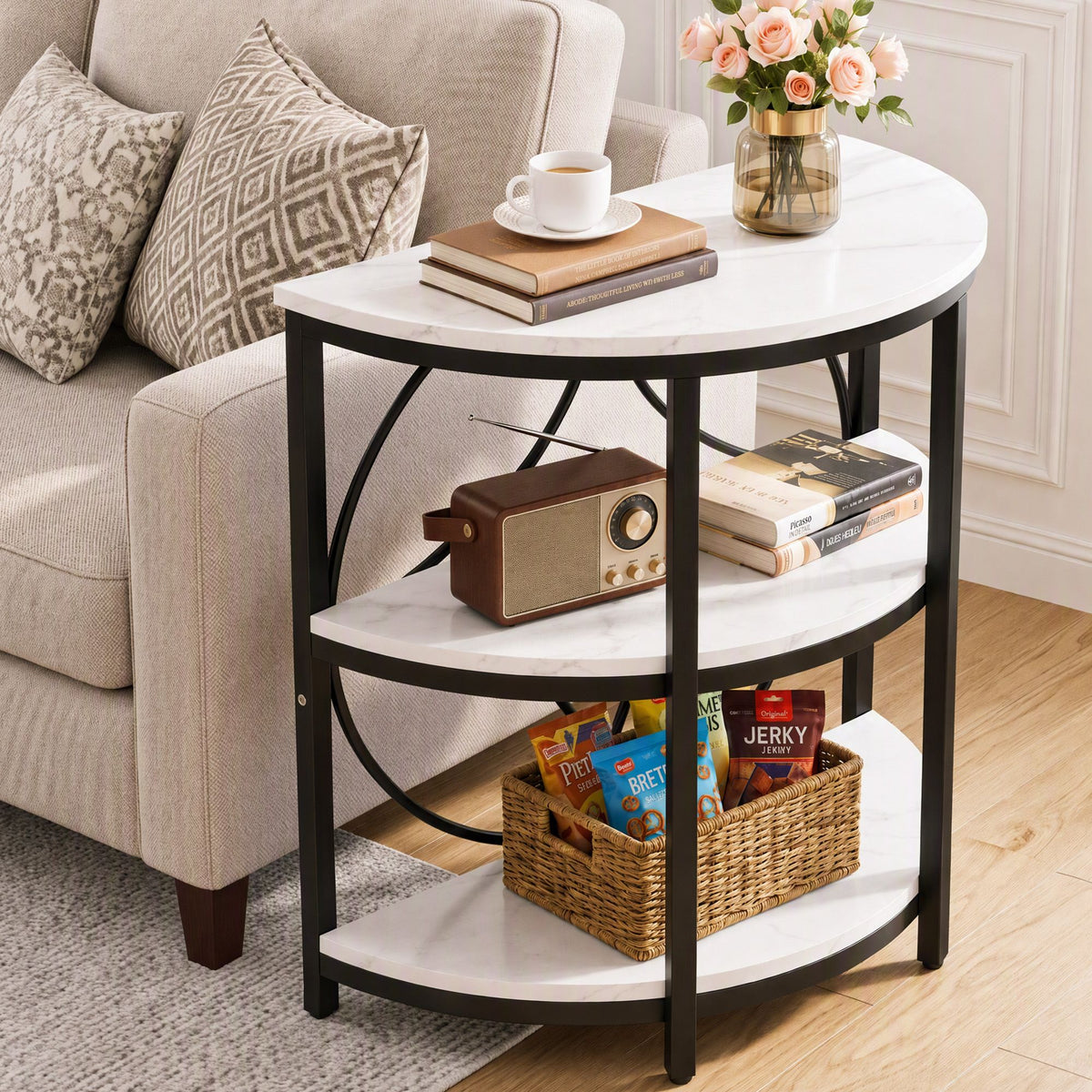 Artiss Semi-Circle End Table 3 Tier Coffee Table Side Nightstand Shelf Marble Effect White&Black