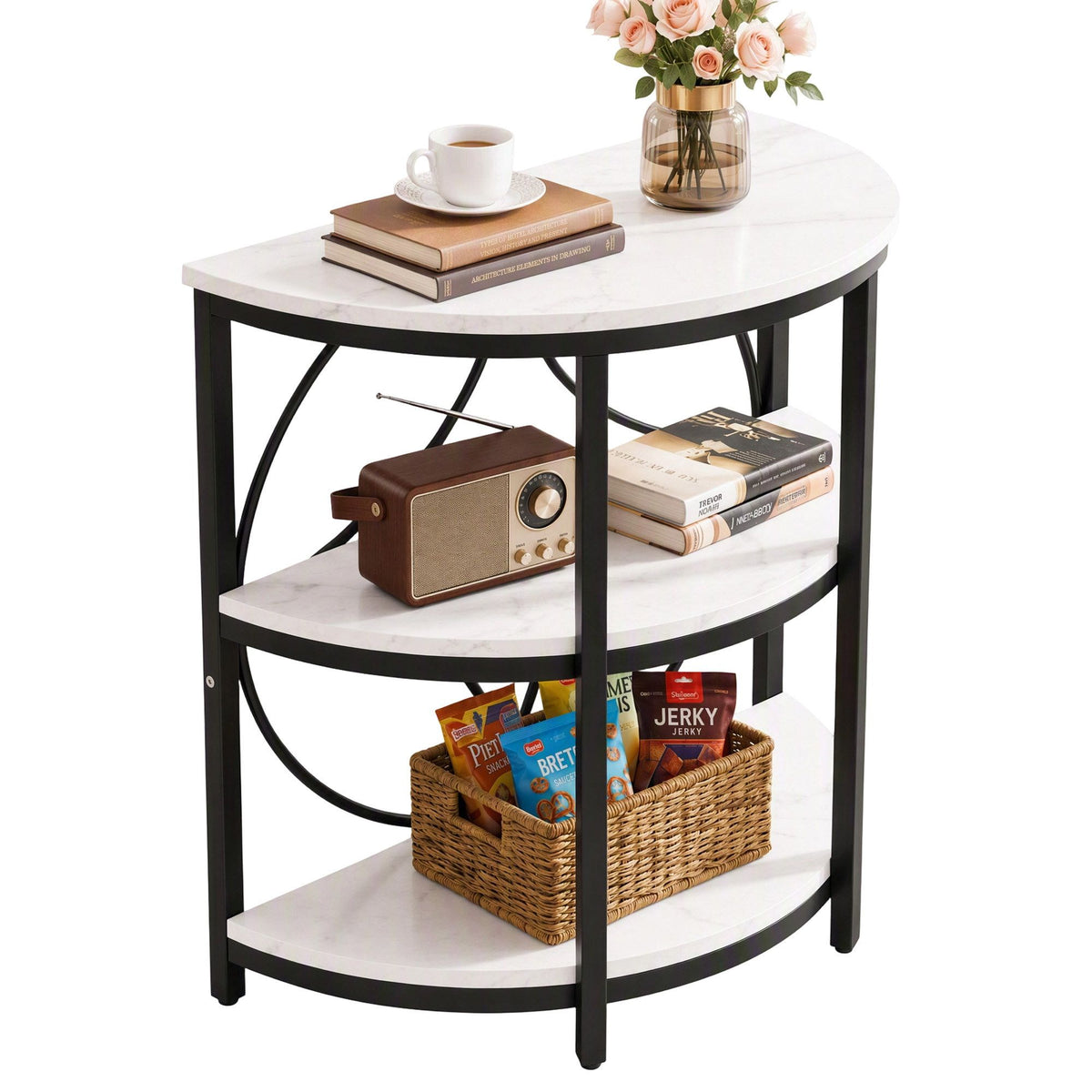 Artiss Semi-Circle End Table 3 Tier Coffee Table Side Nightstand Shelf Marble Effect White&Black