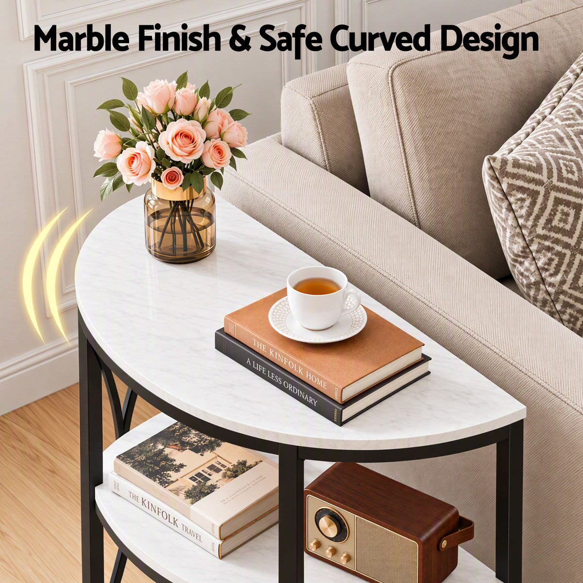Artiss Semi-Circle End Table 3 Tier Coffee Table Side Nightstand Shelf Marble Effect White&Black